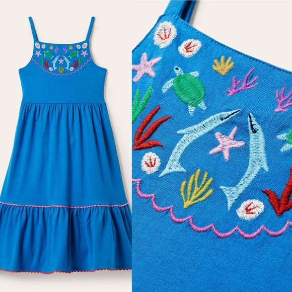 BODEN Maxi Jersey Dress Embroidered Dolphins & Turtles Bright Marina Blue 8-9 - Picture 1 of 12